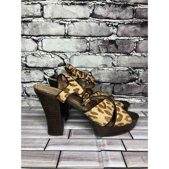 Fossil Leopard Print Calf Hair Cross Ankle Strap High Heels Women Sz 11M US/43EU - Picture 1 of 16
